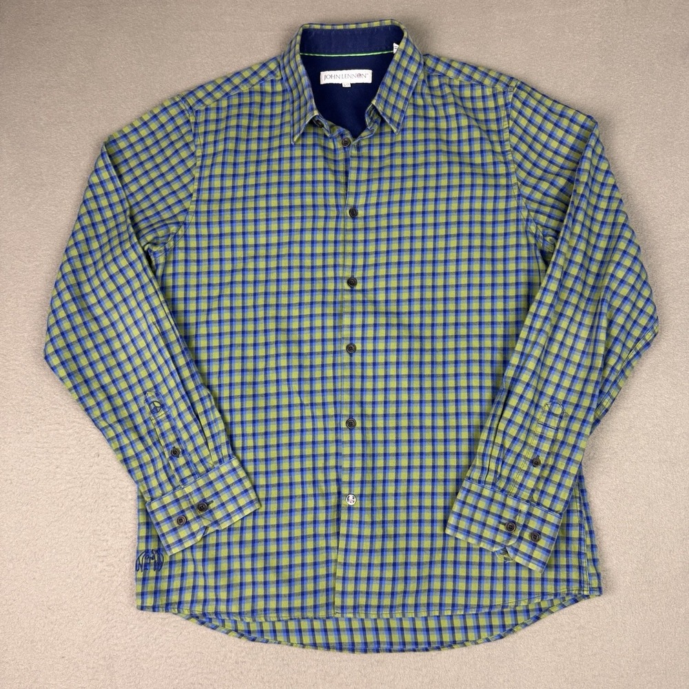 John Lennon Shirt Mens Large Tartin Plaid Peace Button Long Sleeve‎
